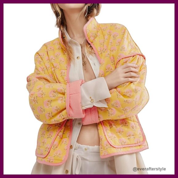 Jackets & Blazers - Cropped Puffer Quilted Jacket Vintage Floral Print Open Front Lightweight Y2K